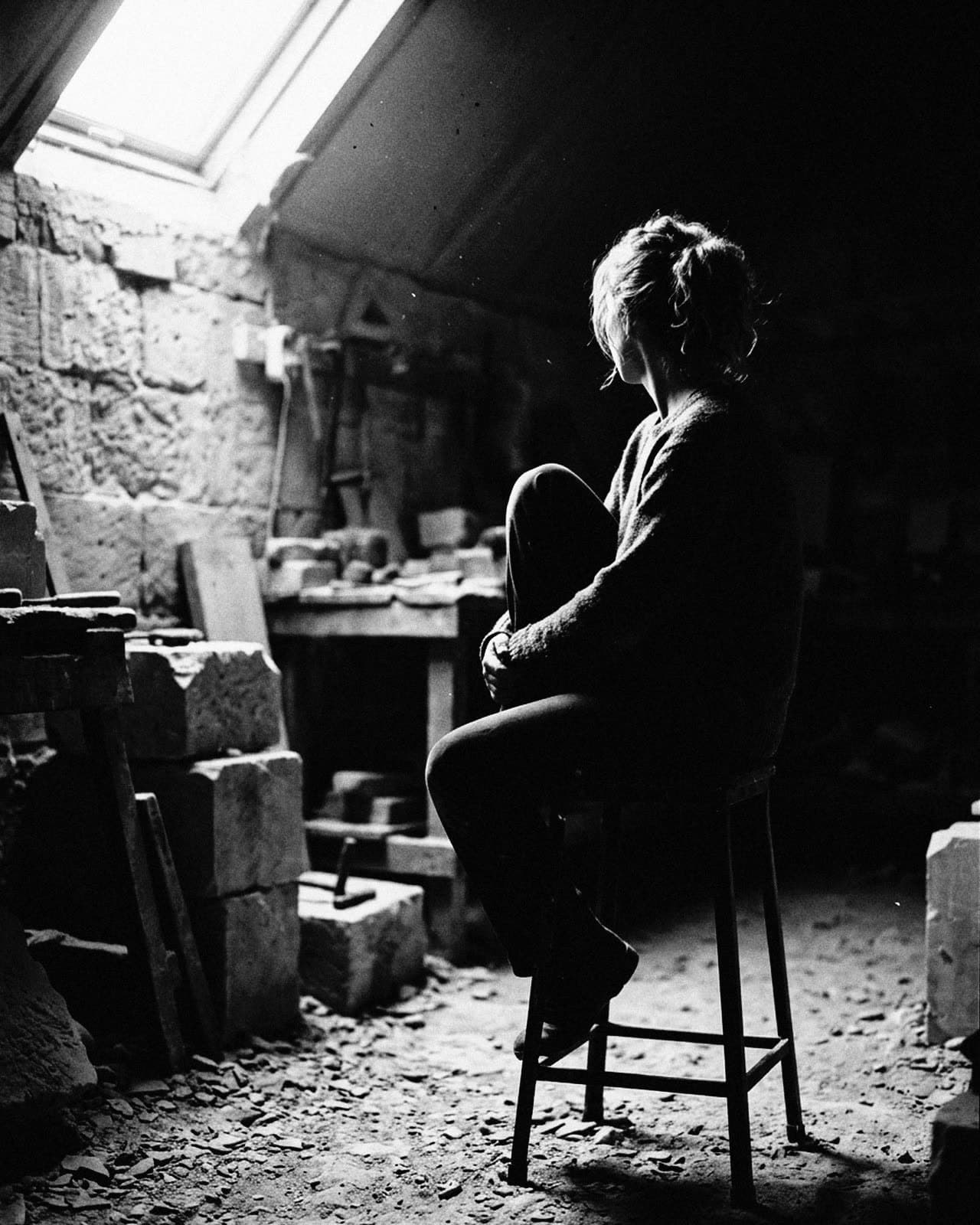 A woman on a tall stool, one knee drawn up, turned towards a skylight